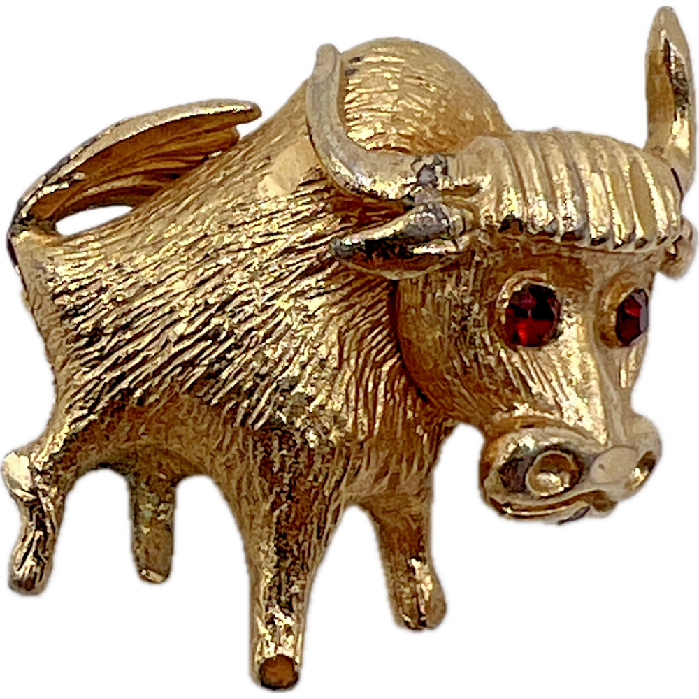Signed BSK Vintage BULL BROOCH Pin Red Rhinestone Eyes Zodiac Taurus Jewelry